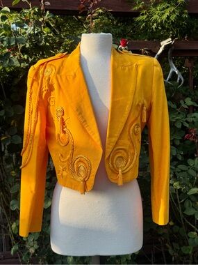 Vintage Cropped Yellow Embroidered Women's Jacket